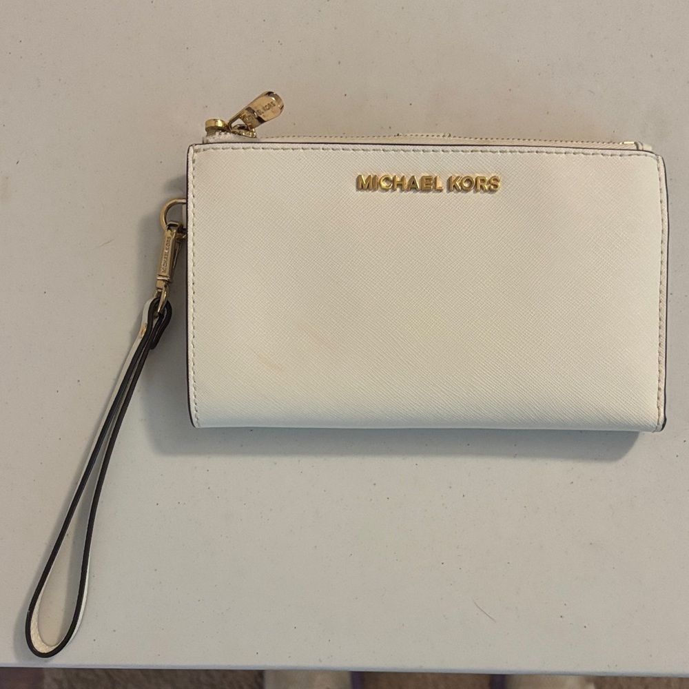Michael Kors White Wristlet with Gold Accents